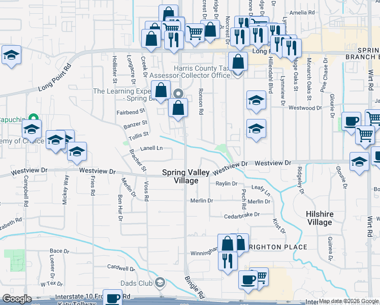 map of restaurants, bars, coffee shops, grocery stores, and more near 1441 Bingle Road in Houston
