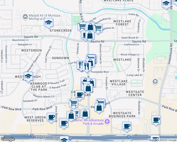 map of restaurants, bars, coffee shops, grocery stores, and more near 2007 Fry Road in Katy
