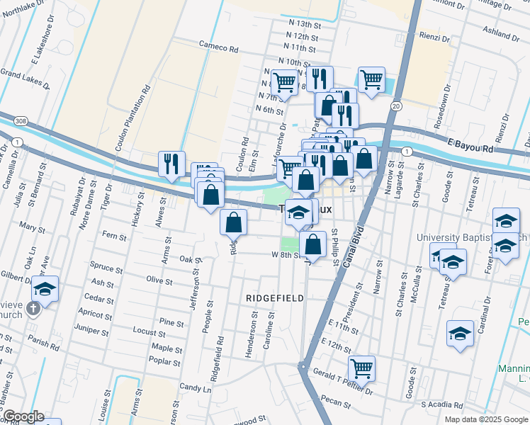 map of restaurants, bars, coffee shops, grocery stores, and more near 314 Saint Mary Street in Thibodaux