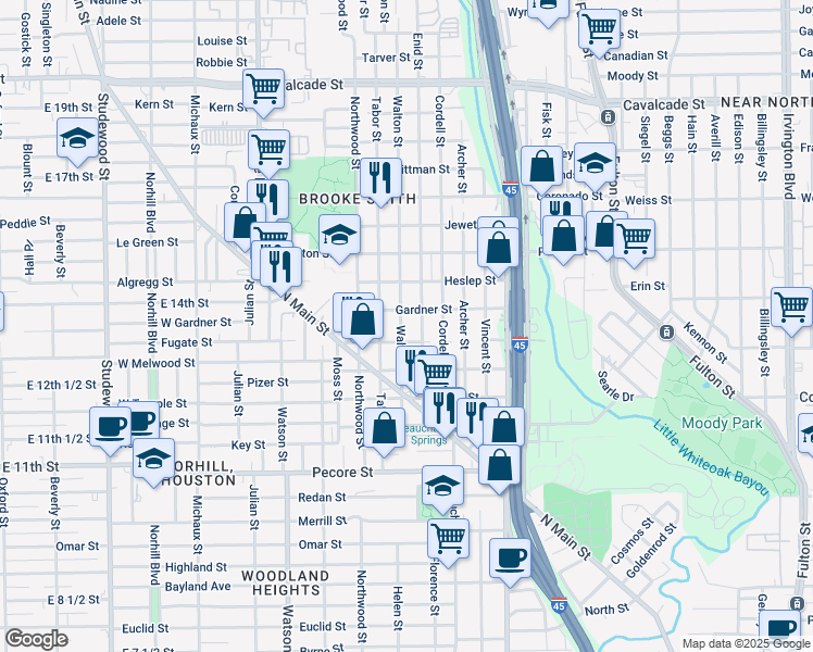 map of restaurants, bars, coffee shops, grocery stores, and more near 512 Walton Street in Houston