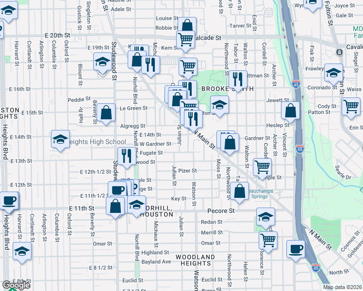 map of restaurants, bars, coffee shops, grocery stores, and more near 4308 Julian Street in Houston