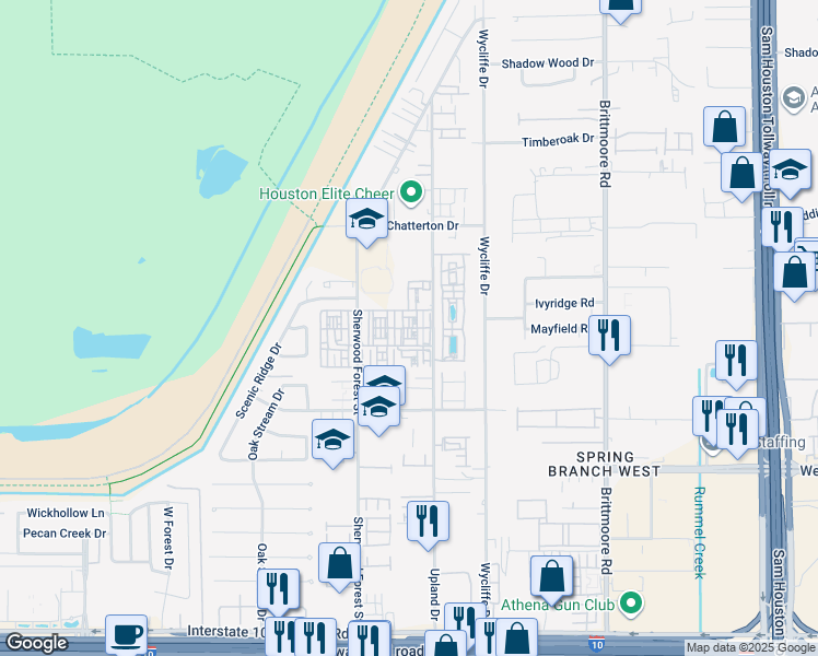 map of restaurants, bars, coffee shops, grocery stores, and more near 1709 Upland Lakes in Houston