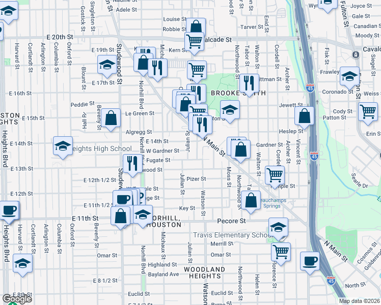 map of restaurants, bars, coffee shops, grocery stores, and more near 4308 Julian Street in Houston