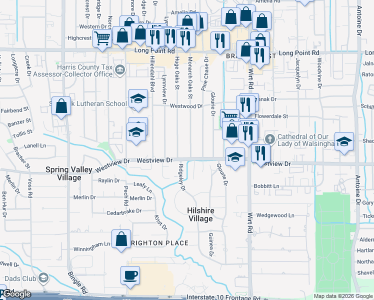 map of restaurants, bars, coffee shops, grocery stores, and more near 1409 Monarch Oaks Street in Houston