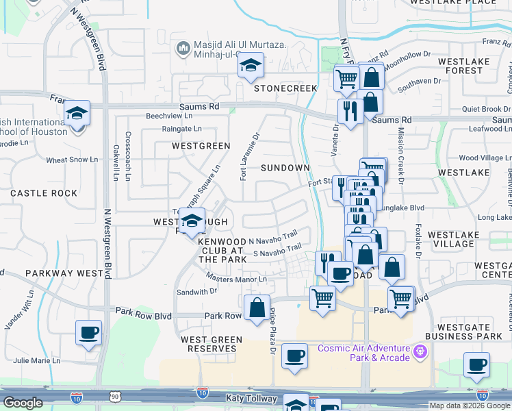 map of restaurants, bars, coffee shops, grocery stores, and more near 20079 Crazy Horse Circle in Katy