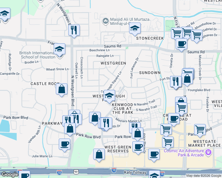 map of restaurants, bars, coffee shops, grocery stores, and more near 20130 Telegraph Square Lane in Katy