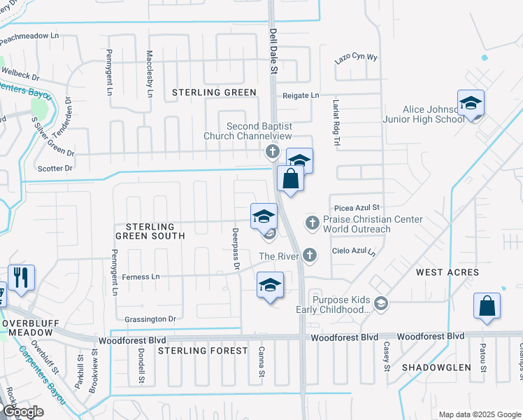map of restaurants, bars, coffee shops, grocery stores, and more near 1110 Chestnut Bough Street in Channelview