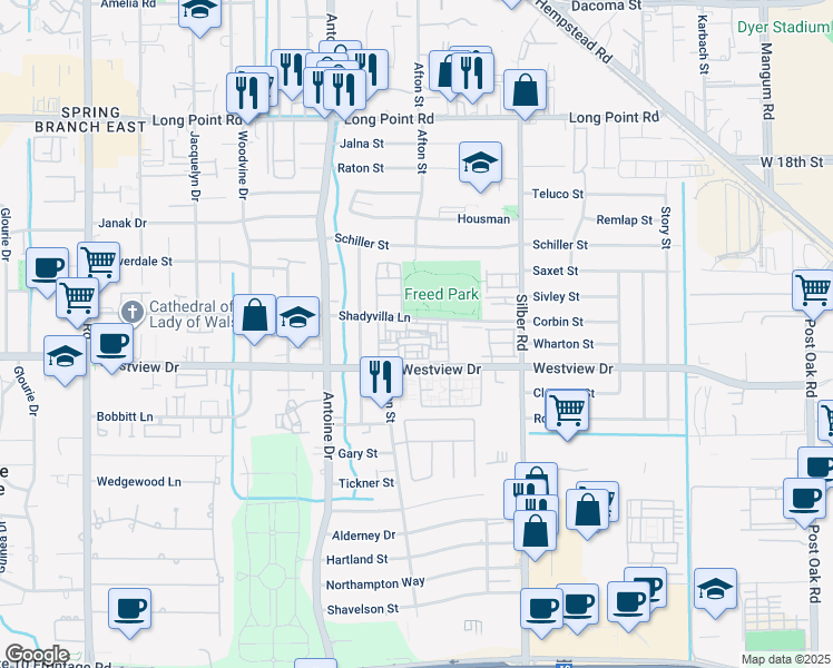 map of restaurants, bars, coffee shops, grocery stores, and more near 7000 Westview Drive in Houston
