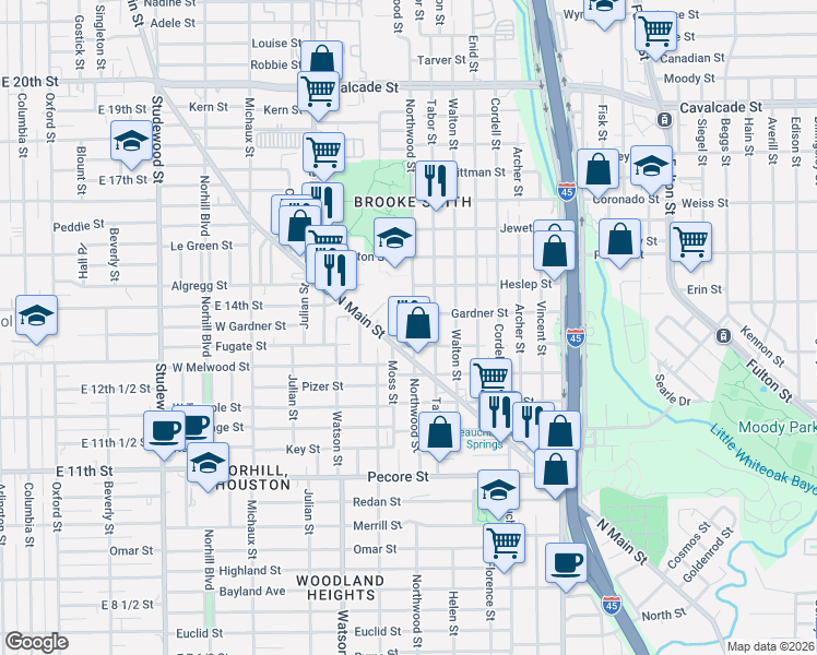 map of restaurants, bars, coffee shops, grocery stores, and more near 517 Tabor Street in Houston