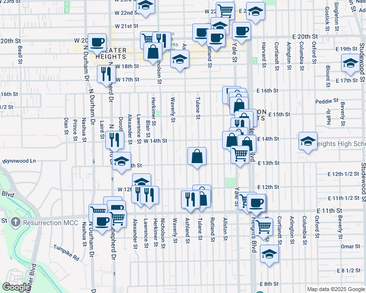 map of restaurants, bars, coffee shops, grocery stores, and more near 1327 Ashland Street in Houston