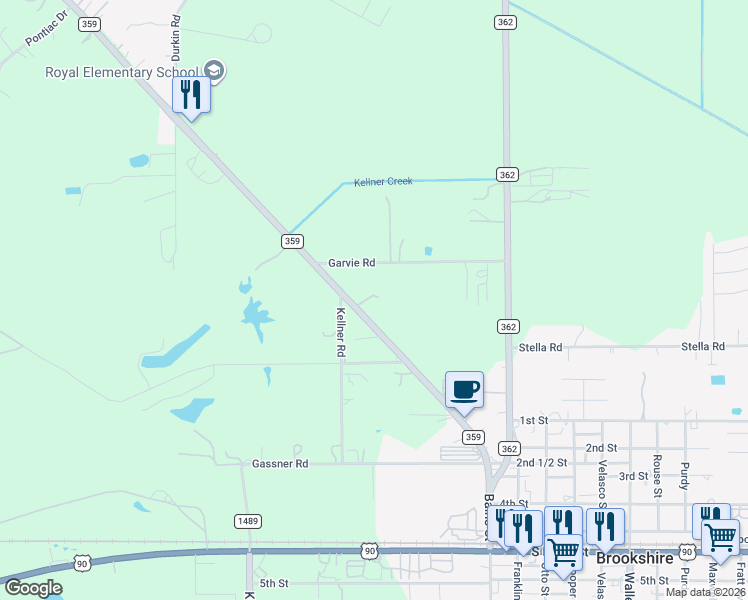 map of restaurants, bars, coffee shops, grocery stores, and more near 1514 Farm to Market 359 in Brookshire