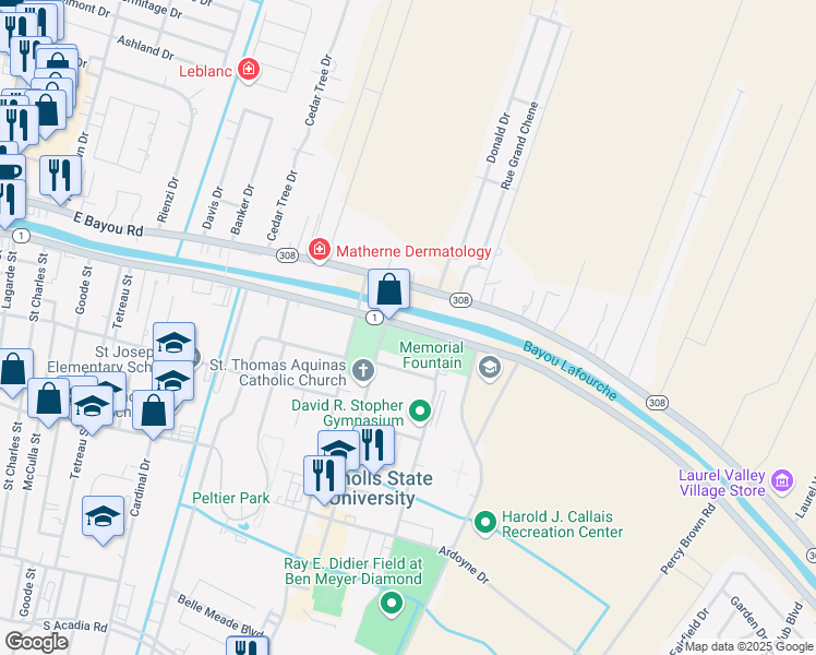 map of restaurants, bars, coffee shops, grocery stores, and more near 906 Louisiana 1 in Thibodaux