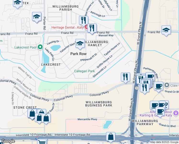 map of restaurants, bars, coffee shops, grocery stores, and more near 24134 Griffin House Lane in Katy