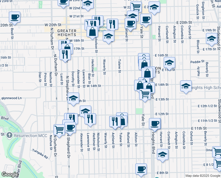 map of restaurants, bars, coffee shops, grocery stores, and more near 1327 Ashland Street in Houston