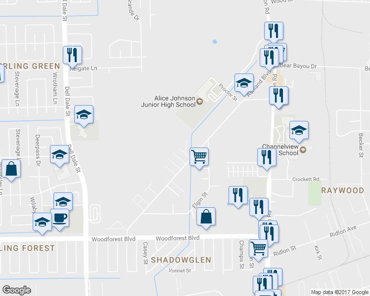 map of restaurants, bars, coffee shops, grocery stores, and more near 981 Ashland Boulevard in Channelview