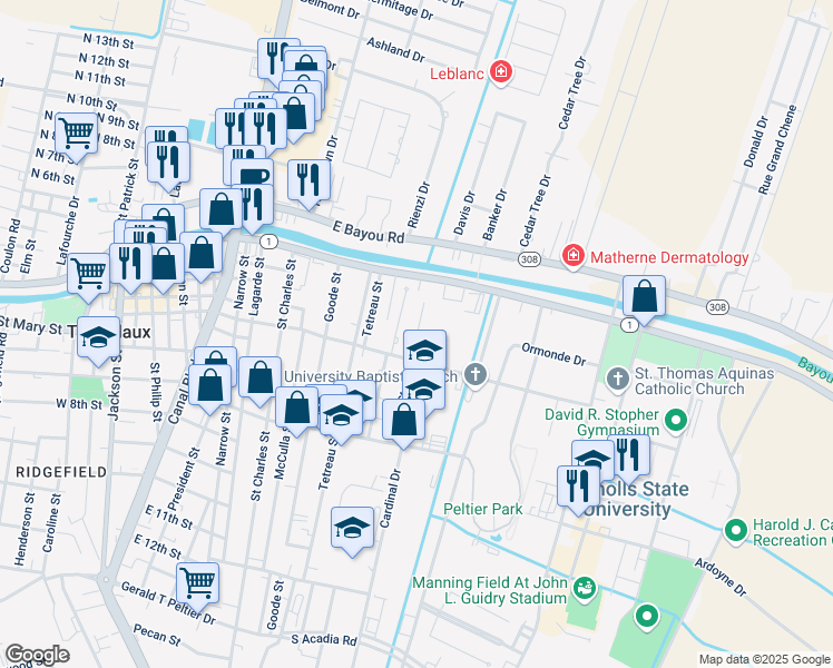 map of restaurants, bars, coffee shops, grocery stores, and more near 108 Menard Place in Thibodaux