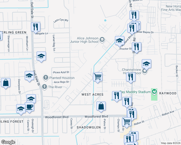 map of restaurants, bars, coffee shops, grocery stores, and more near 981 Ashland Boulevard in Channelview
