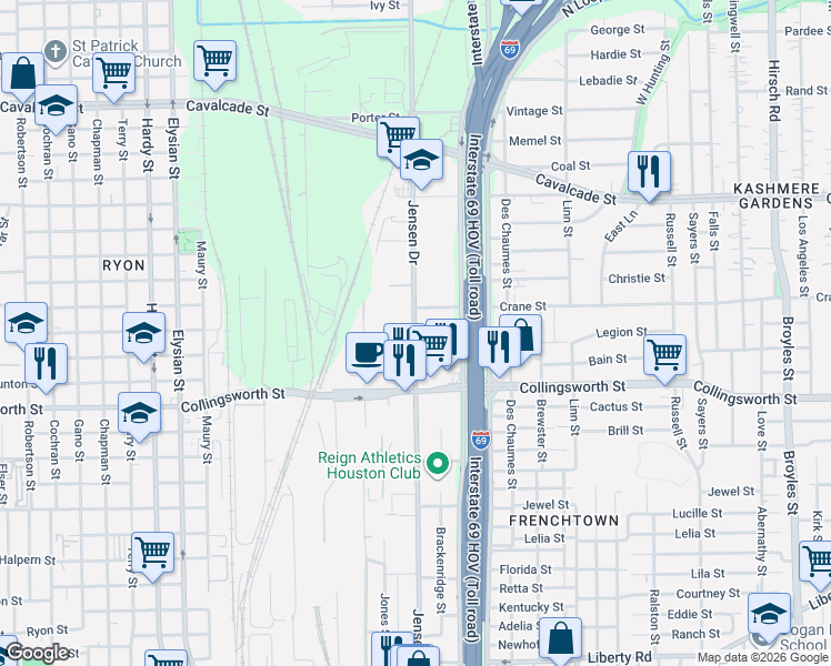 map of restaurants, bars, coffee shops, grocery stores, and more near 3515 Eastex Freeway in Houston