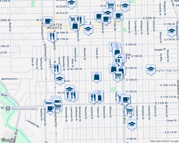 map of restaurants, bars, coffee shops, grocery stores, and more near 1348 Waverly Street in Houston