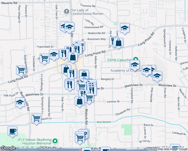 map of restaurants, bars, coffee shops, grocery stores, and more near 1428 Adkins Road in Houston
