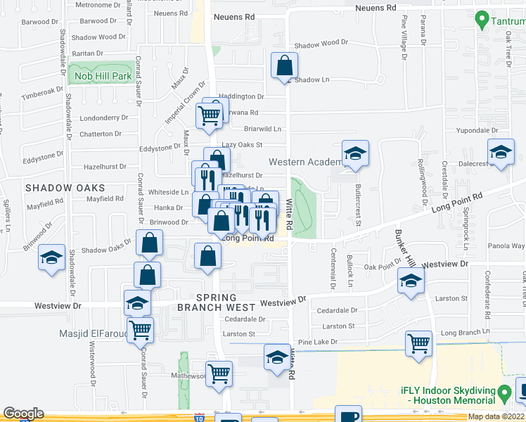 map of restaurants, bars, coffee shops, grocery stores, and more near 1422 Southwick Street in Houston