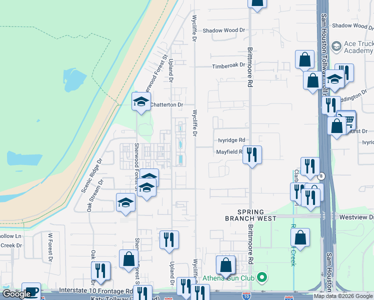 map of restaurants, bars, coffee shops, grocery stores, and more near 1709 Wrenwood Lakes in Houston