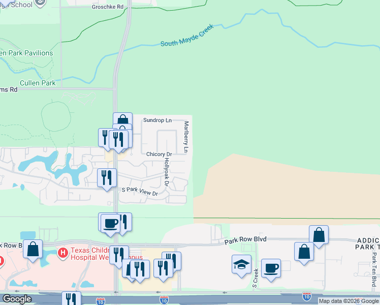 map of restaurants, bars, coffee shops, grocery stores, and more near 1910 Marlberry Lane in Houston