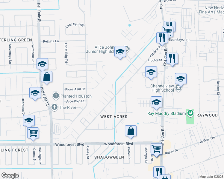 map of restaurants, bars, coffee shops, grocery stores, and more near 981 Ashland Boulevard in Channelview