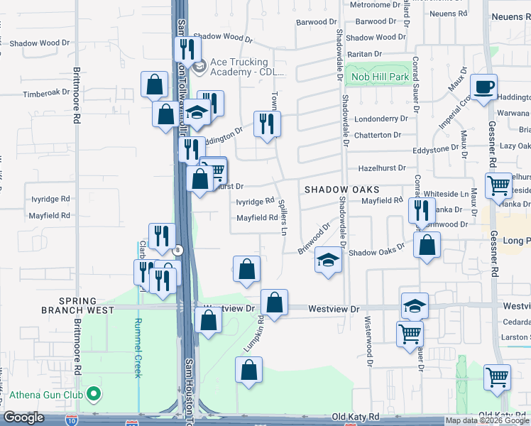 map of restaurants, bars, coffee shops, grocery stores, and more near 10651 Ivyridge Road in Houston