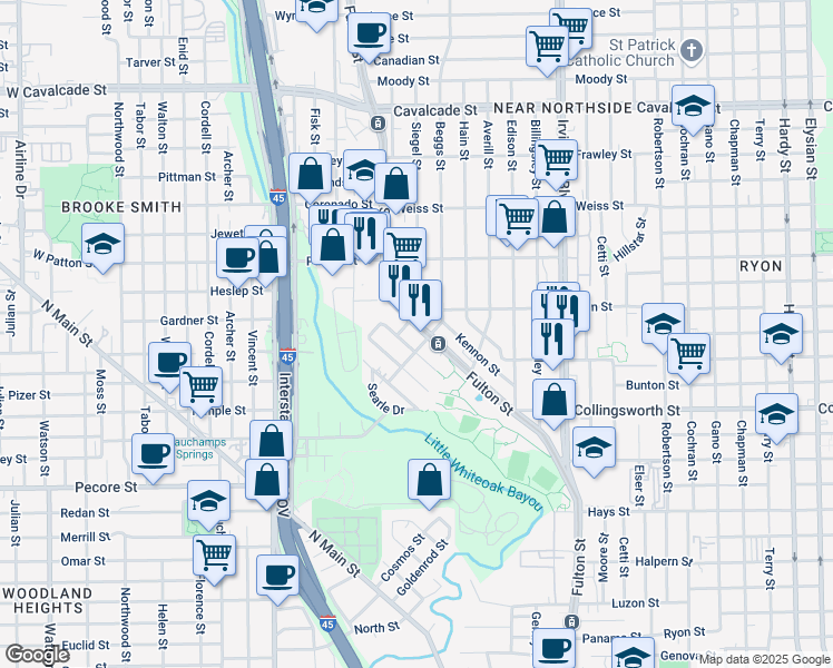 map of restaurants, bars, coffee shops, grocery stores, and more near 3917 Fulton Street in Houston