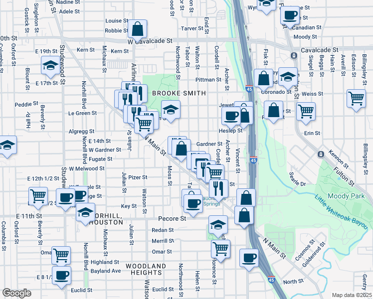 map of restaurants, bars, coffee shops, grocery stores, and more near 513 Tabor Street in Houston