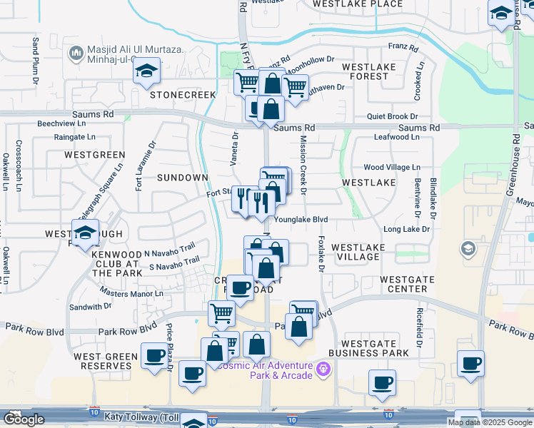 map of restaurants, bars, coffee shops, grocery stores, and more near 2010 Fry Road in Katy