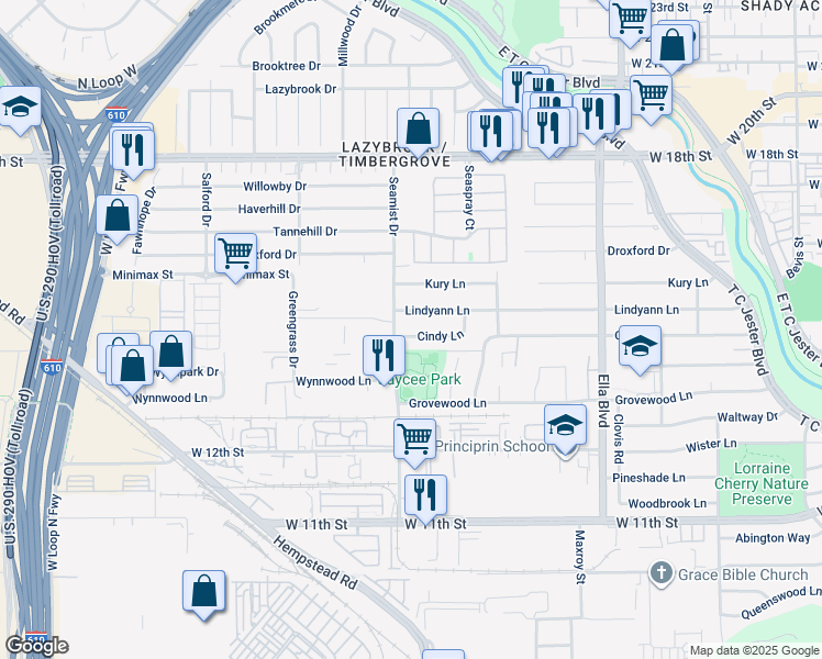map of restaurants, bars, coffee shops, grocery stores, and more near 6743 Lindyann Lane in Houston