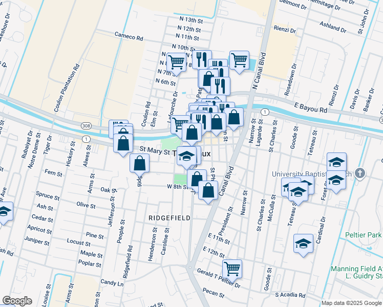 map of restaurants, bars, coffee shops, grocery stores, and more near in Thibodaux