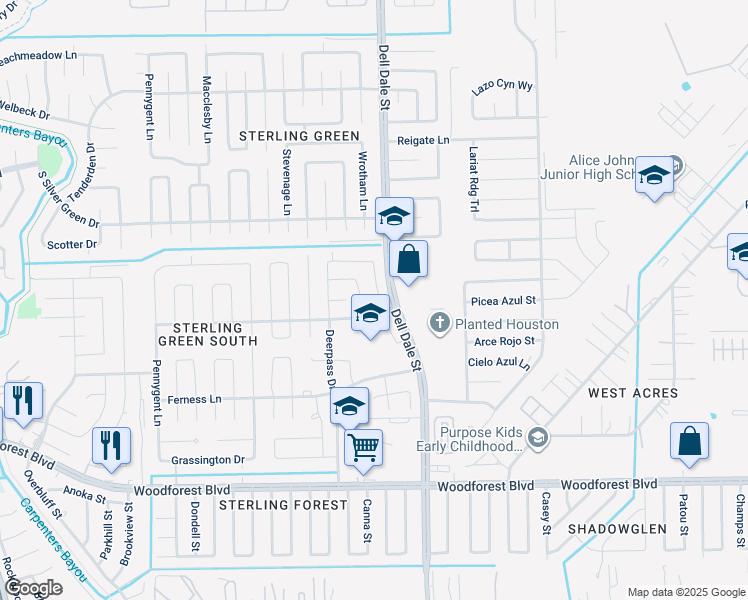 map of restaurants, bars, coffee shops, grocery stores, and more near 1110 Fairlane Square in Channelview