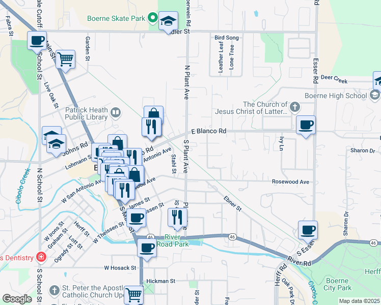 map of restaurants, bars, coffee shops, grocery stores, and more near 121 South Plant Avenue in Boerne