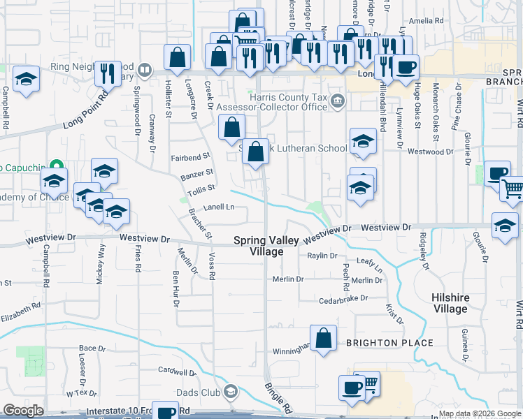map of restaurants, bars, coffee shops, grocery stores, and more near 1441 Bingle Road in Houston