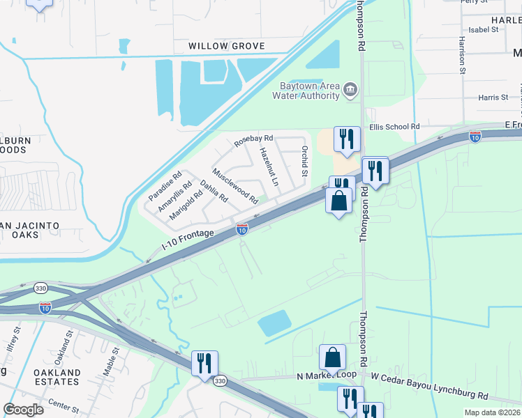 map of restaurants, bars, coffee shops, grocery stores, and more near 1302 Rose Meadow Boulevard in Baytown