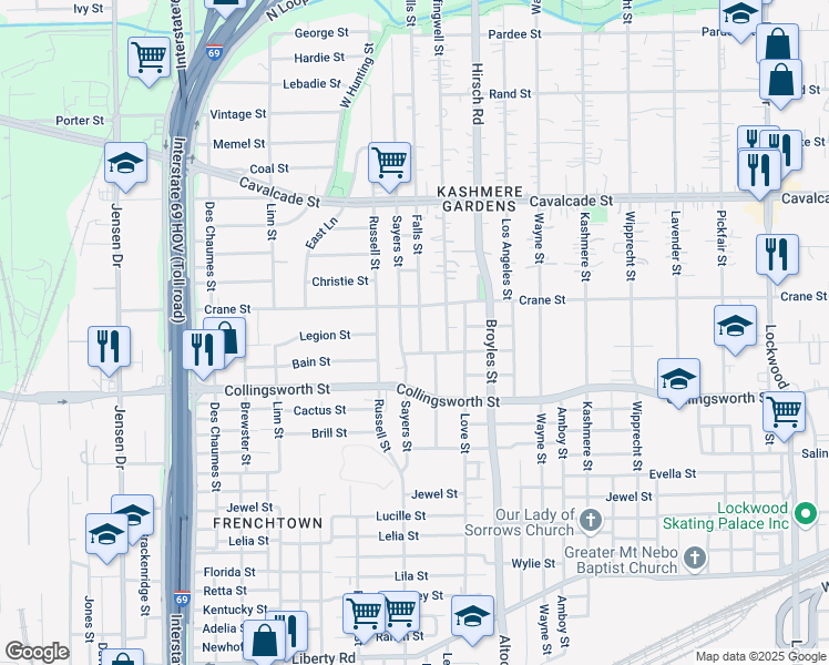 map of restaurants, bars, coffee shops, grocery stores, and more near 3914 Sayers Street in Houston