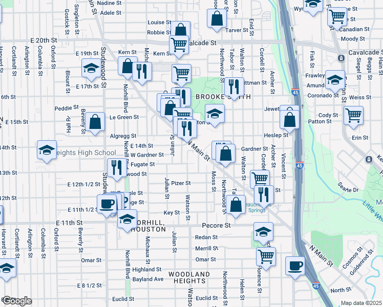 map of restaurants, bars, coffee shops, grocery stores, and more near 4513 North Main Street in Houston