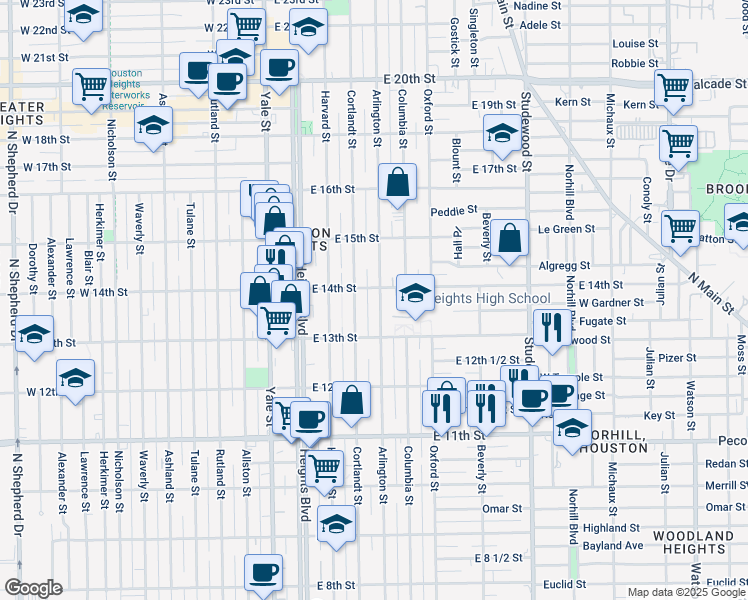 map of restaurants, bars, coffee shops, grocery stores, and more near 1391 Arlington Street in Houston
