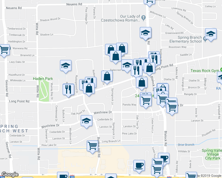 map of restaurants, bars, coffee shops, grocery stores, and more near 9655 Long Point Road in Houston