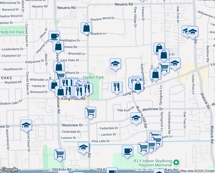 map of restaurants, bars, coffee shops, grocery stores, and more near 43 North Wickerwood Street in Houston