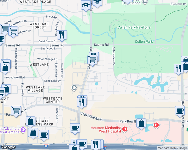 map of restaurants, bars, coffee shops, grocery stores, and more near 18920 Mayde Creek Road in Houston