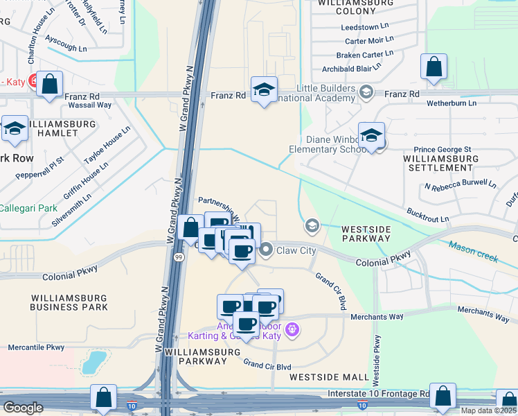 map of restaurants, bars, coffee shops, grocery stores, and more near 1502 Perth Meadows Court in Katy
