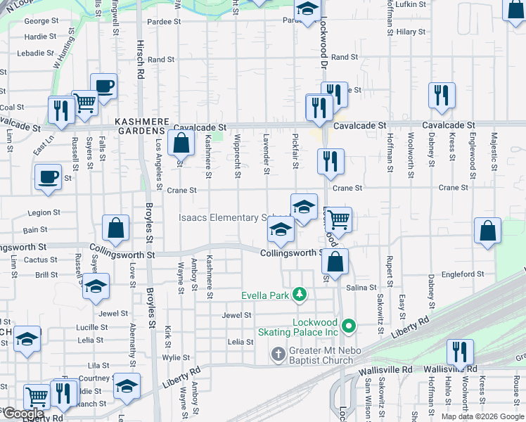 map of restaurants, bars, coffee shops, grocery stores, and more near 3918 Lavender Street in Houston