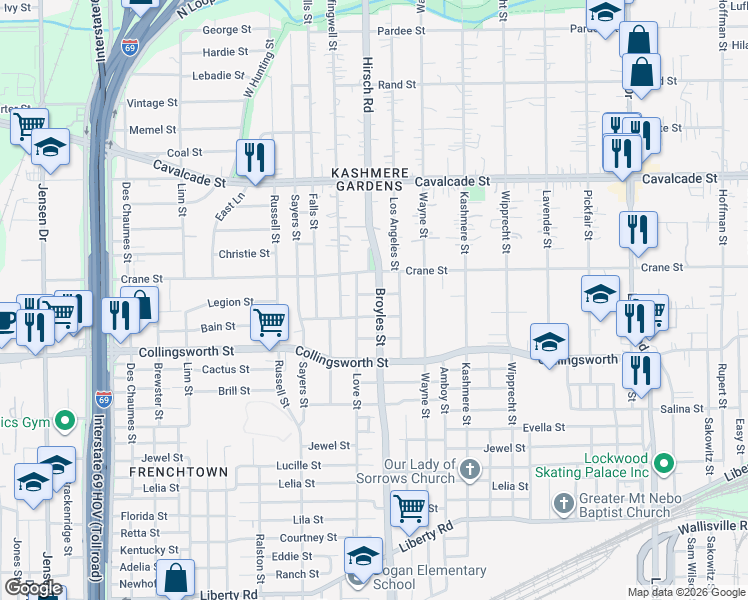 map of restaurants, bars, coffee shops, grocery stores, and more near 3809 Broyles Street in Houston