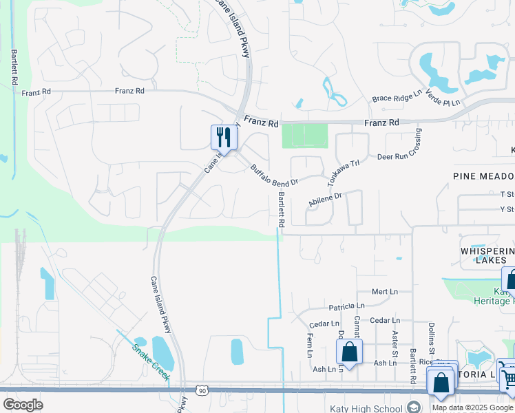 map of restaurants, bars, coffee shops, grocery stores, and more near 6906 Champion Trail in Katy