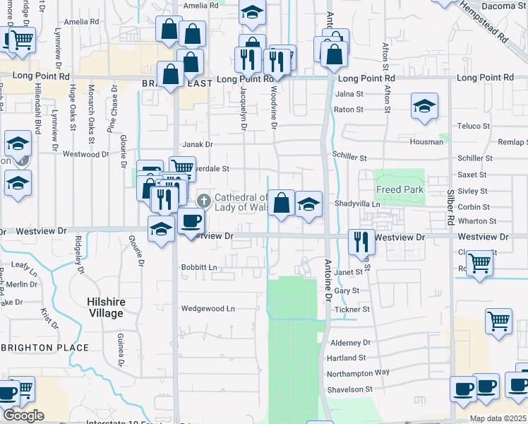 map of restaurants, bars, coffee shops, grocery stores, and more near 7511 Shadyvilla Lane in Houston