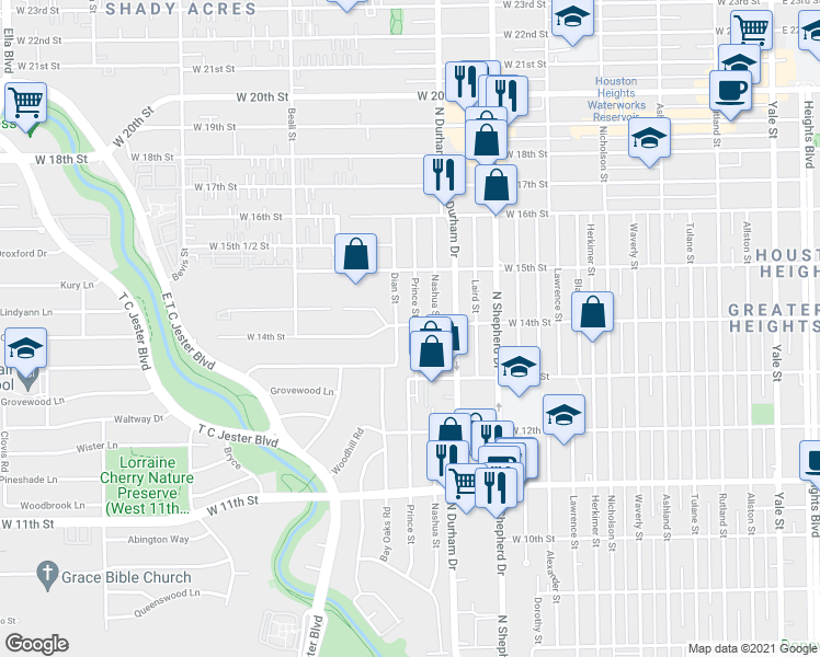 map of restaurants, bars, coffee shops, grocery stores, and more near 1345 Prince Street in Houston